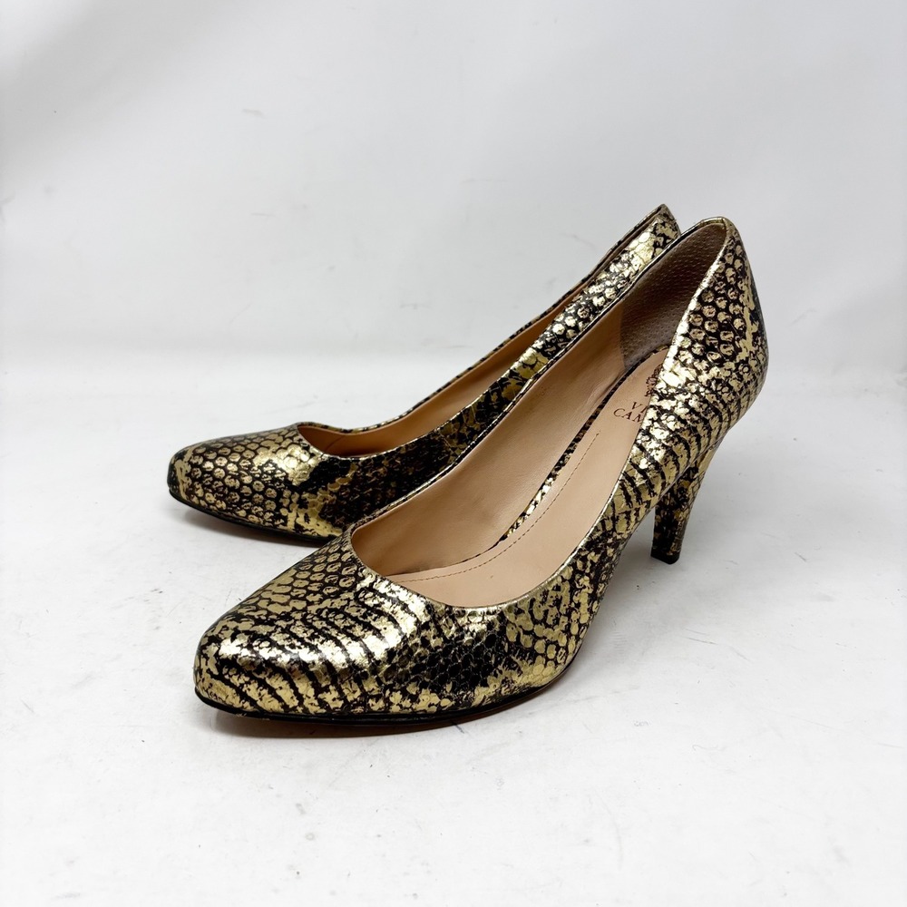 Vince Camuto Gold Snake Print Pumps Size 9.5M Leather‎ Almond Toe Heels